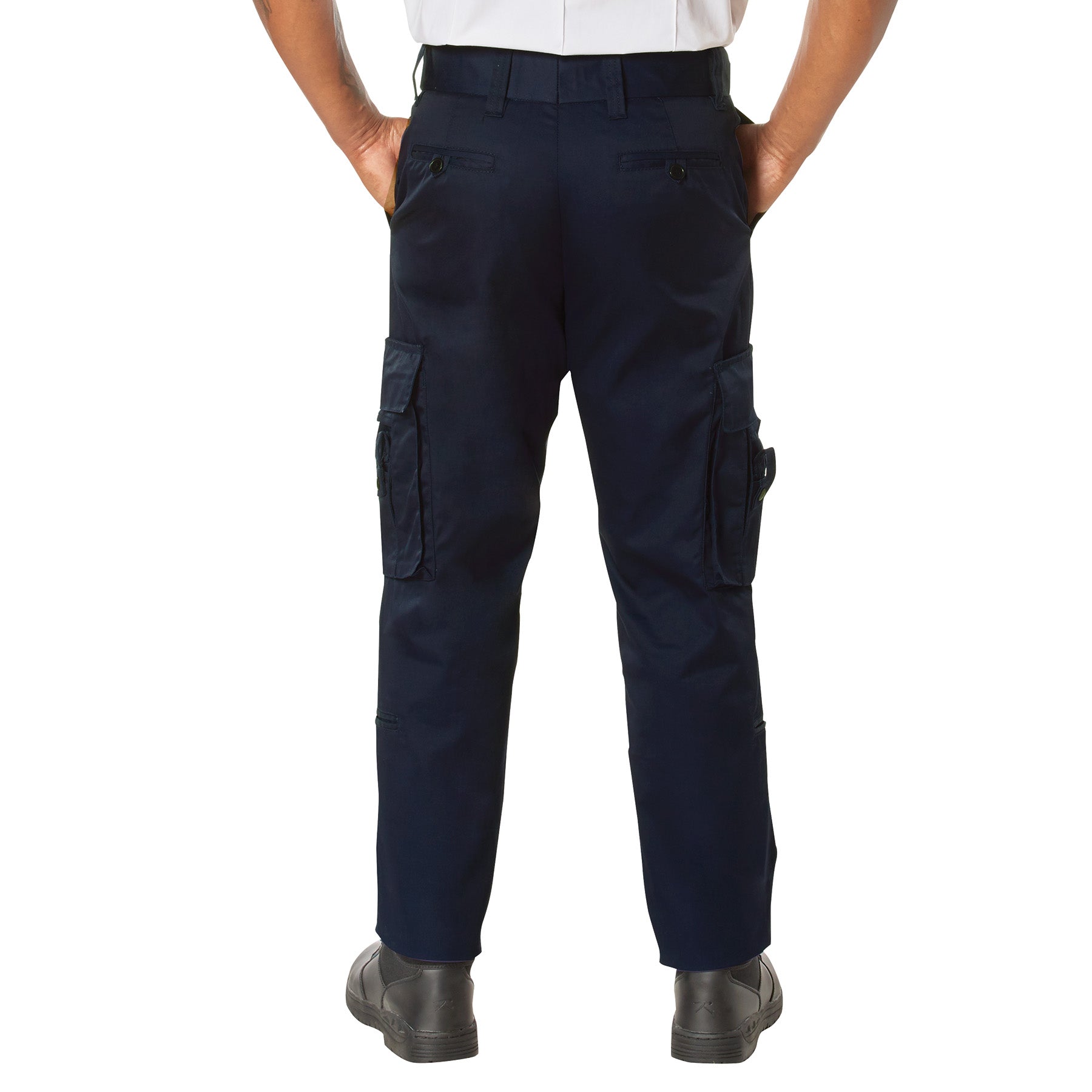 Navy blue cargo pants worn by a person on a white background